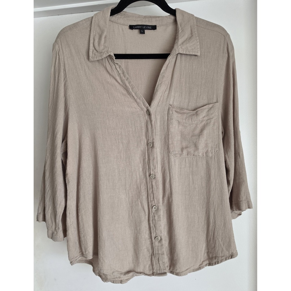 Larry Levine Linen Button-Down Shirt Women L Beige 3/4 Sleeve Collared Top